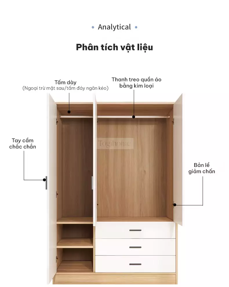 phân tích chi tiết chất liệu của Tủ quần áo cánh mở tối giản TQA056