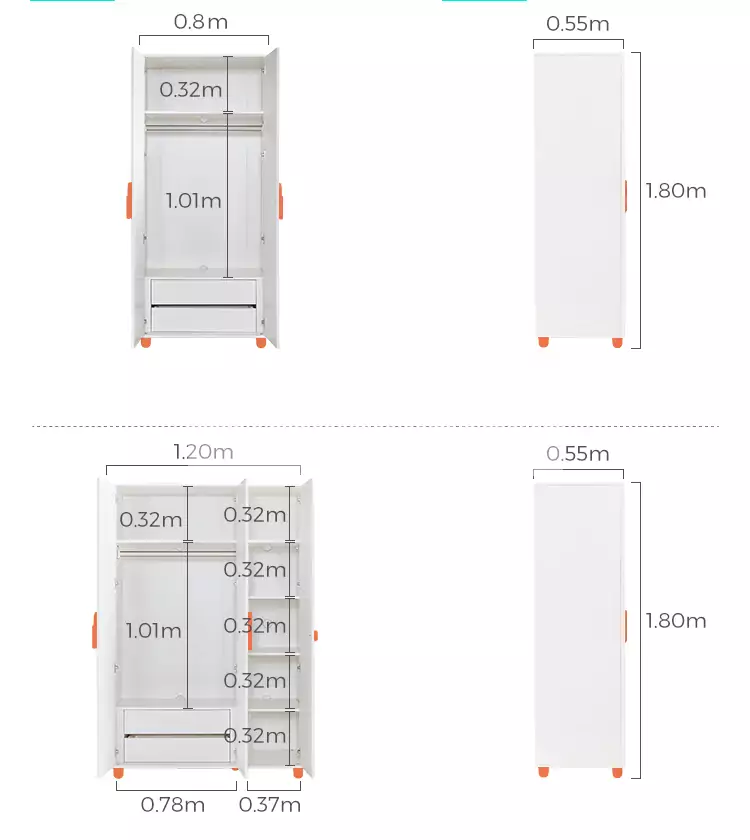 kích thước chi tiết của Tủ quần áo cho bé thiết kế hiện đại TE34