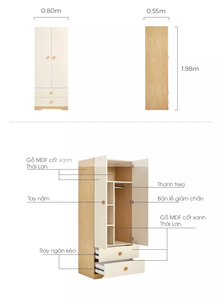 kích thước chi tiết của Tủ quần áo cho bé thiết kế thanh lịch, tối giản TE31