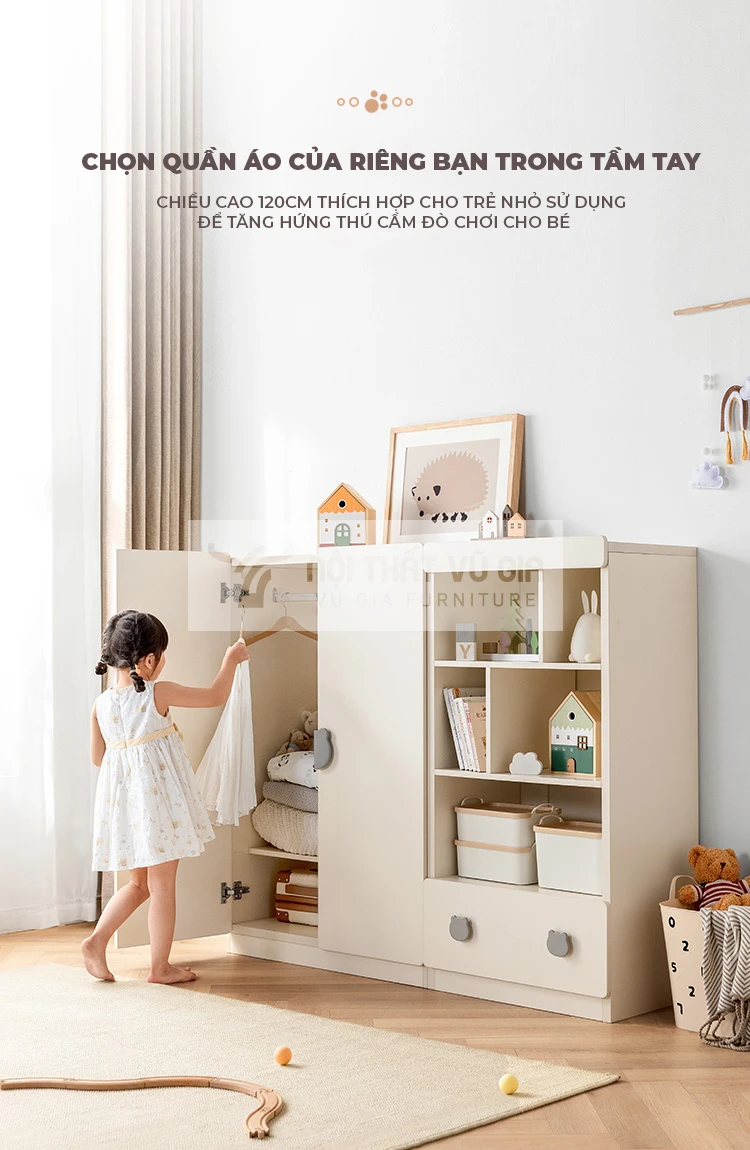 kích thước của Tủ quần áo cho bé thiết kế tối giản, nhỏ gọn TE26 phù hợp với trẻ