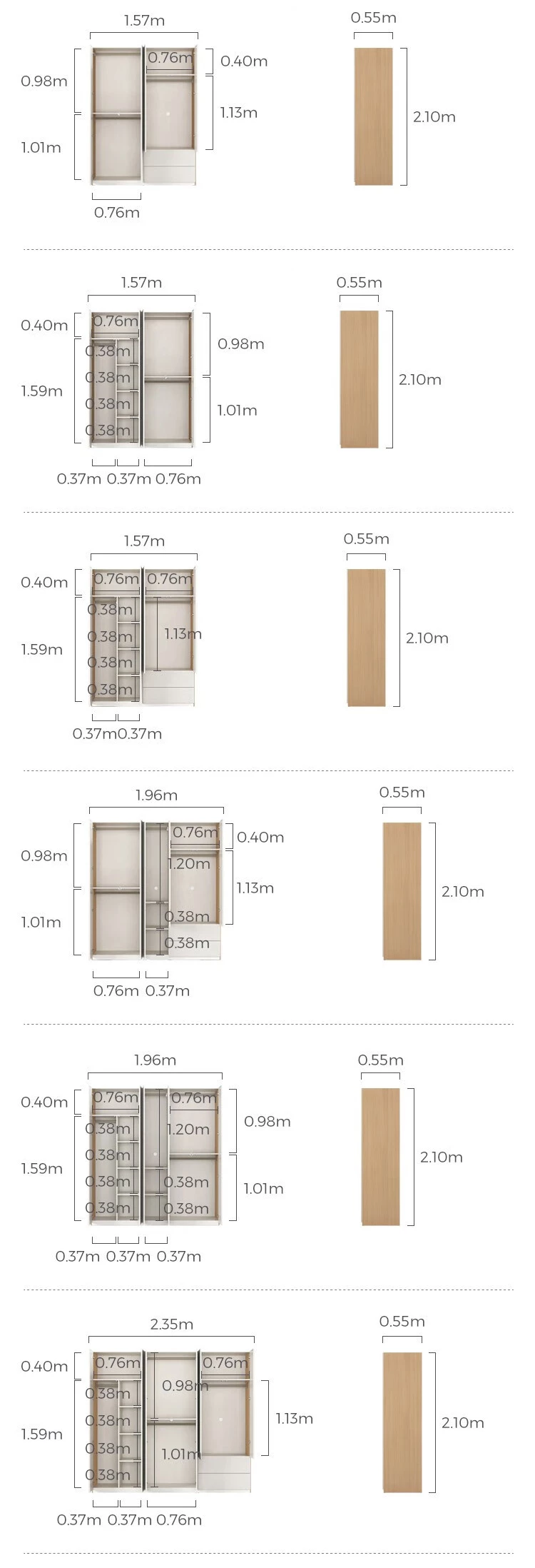 kích thước chi tiết của Tủ quần áo gỗ thiết kế hiện đại BR117