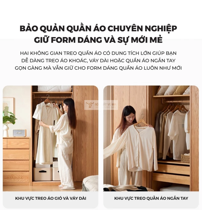 phân vùng lưu trữ khoa học của Tủ quần áo gỗ tự nhiên cánh lùa thiết kế hiện đại BR175