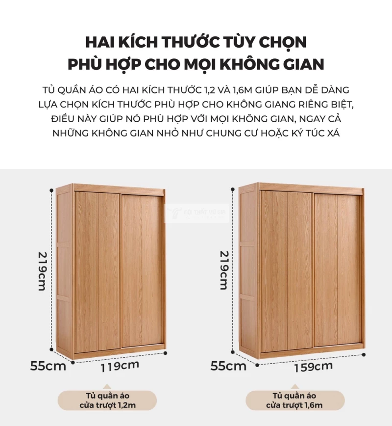 tùy chọn kích thước của Tủ quần áo gỗ tự nhiên cánh lùa thiết kế hiện đại BR175