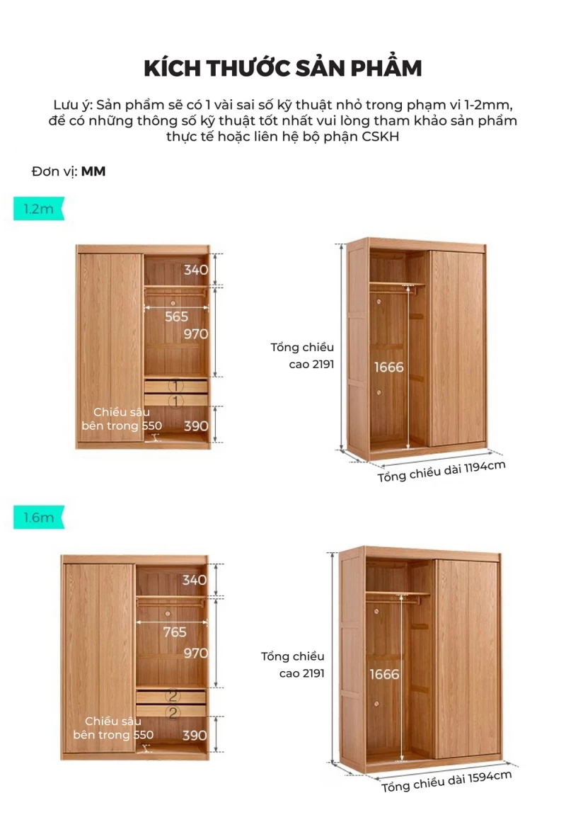 kích thước chi tiết của Tủ quần áo gỗ tự nhiên cánh lùa thiết kế hiện đại BR175