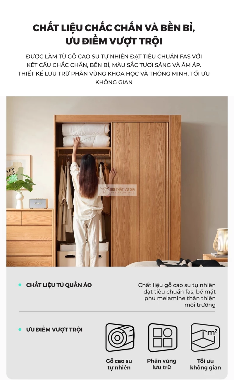 Tủ quần áo gỗ tự nhiên cánh lùa thiết kế hiện đại BR175 sử dụng chất liệu chắc chắn, bền bỉ