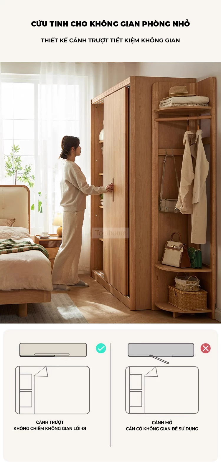 Tủ Quần Áo Gỗ Tự Nhiên Cao Cấp Togismart TQA 110 mang thiết kế hiện đại, sang trọng, phù hợp nhiều không gian phòng ngủ. Chất liệu gỗ tự nhiên bền chắc, chống cong vênh, mối mọt, kết hợp ngăn chứa khoa học, giúp sắp xếp quần áo gọn gàng và nâng tầm thẩm mỹ ngôi nhà.