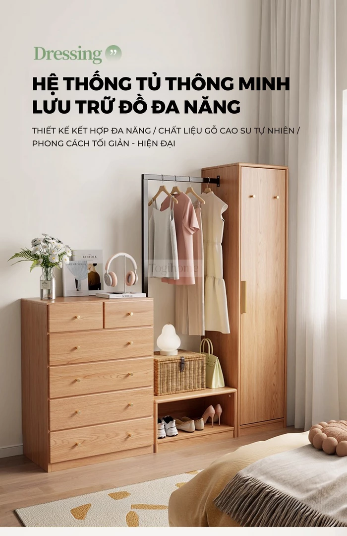 Tủ Quần Áo Gỗ Tự Nhiên CV062 với thiết kế hệ thống lưu trữ đồ thông minh với thiết kế đa dạng.