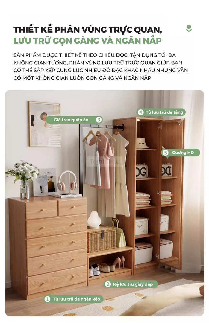 Tủ Quần Áo Gỗ Tự Nhiên CV062 với giao diện sử dụng trực quan và đa công dụng.