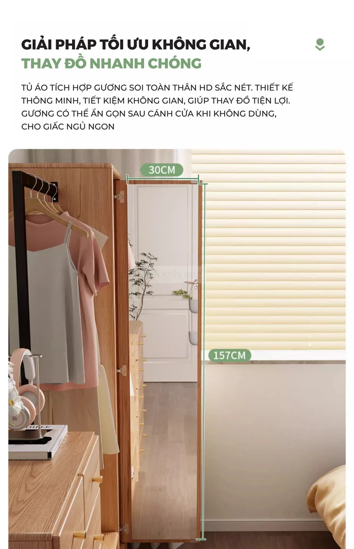 Tủ Quần Áo Gỗ Tự Nhiên CV062 với thiết kế nhỏ gọn tối ưu không gian không chiếm diện tích.