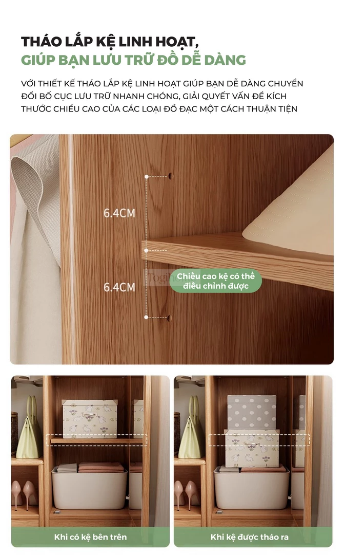 Tủ Quần Áo Gỗ Tự Nhiên CV062 - Thông số chiều rộng của kệ và không gian lưu trữ của tủ.