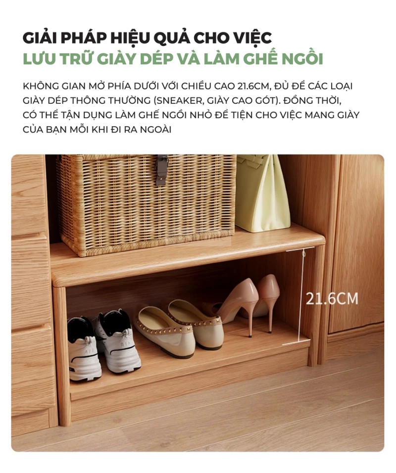 Tủ Quần Áo Gỗ Tự Nhiên CV062 có tích hợp thêm không gian lưu trữ hiệu quả cho giày, dép.