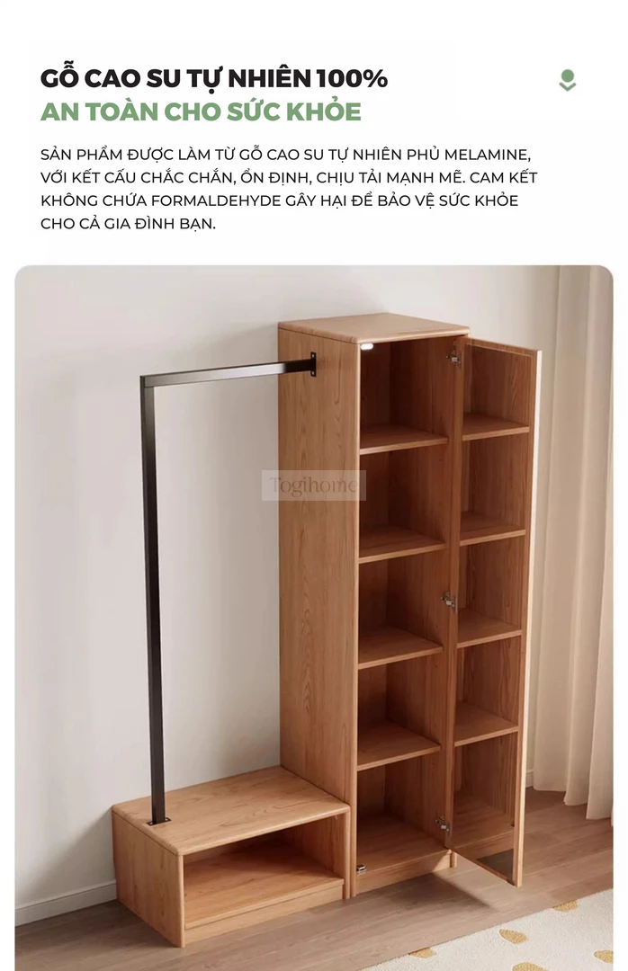 Tủ Quần Áo Gỗ Tự Nhiên CV062 với chất liệu gỗ cao su tự nhiên mang đến khả năng chịu lực và bền bỉ tốt.
