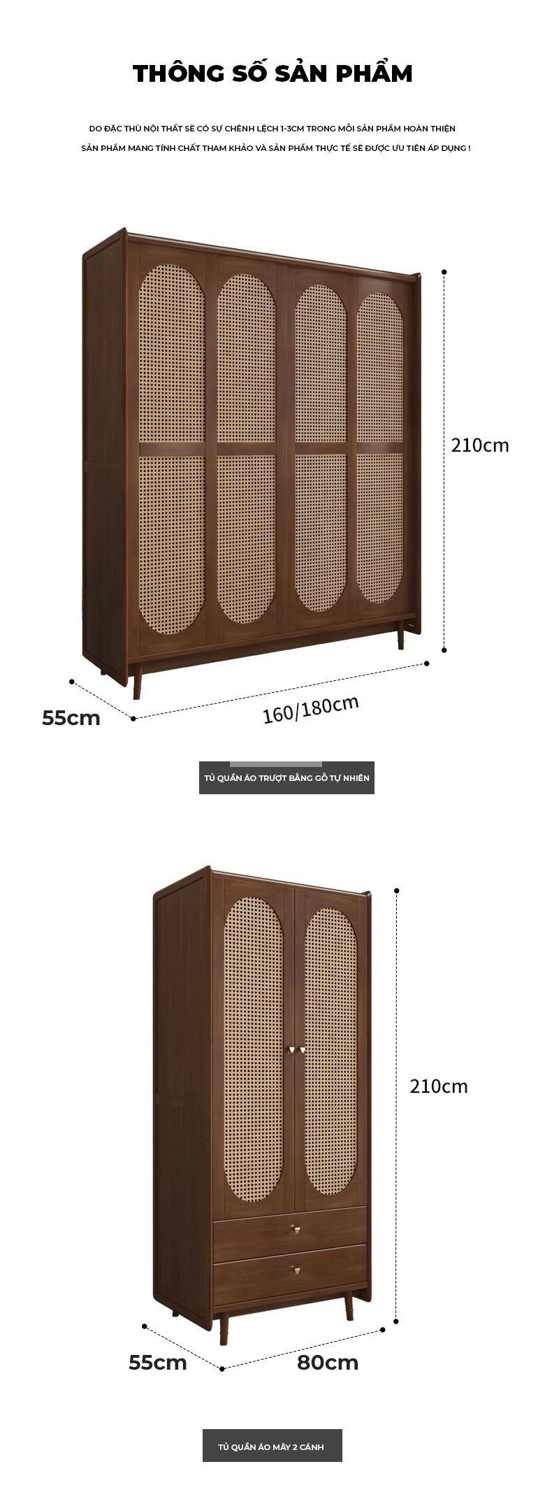 kích thước chi tiết của Tủ quần áo gỗ tự nhiên kết hợp cánh mây BR135