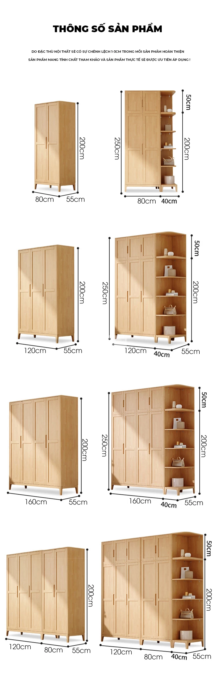kích thước chi tiết của Tủ quần áo gỗ tự nhiên thiết kế tối giản BR121