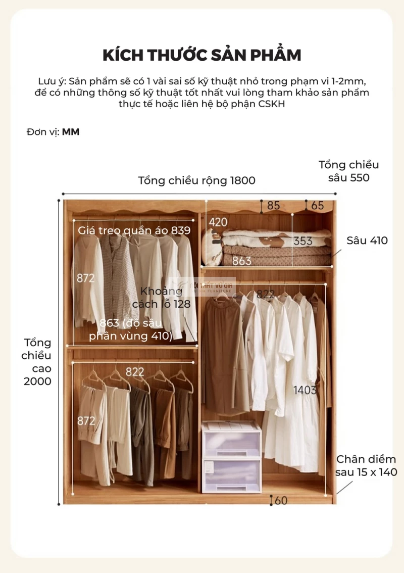 kích thước chi tiết của Tủ quần áo gỗ tự nhiên tích hợp rèm cửa tinh tế BR168