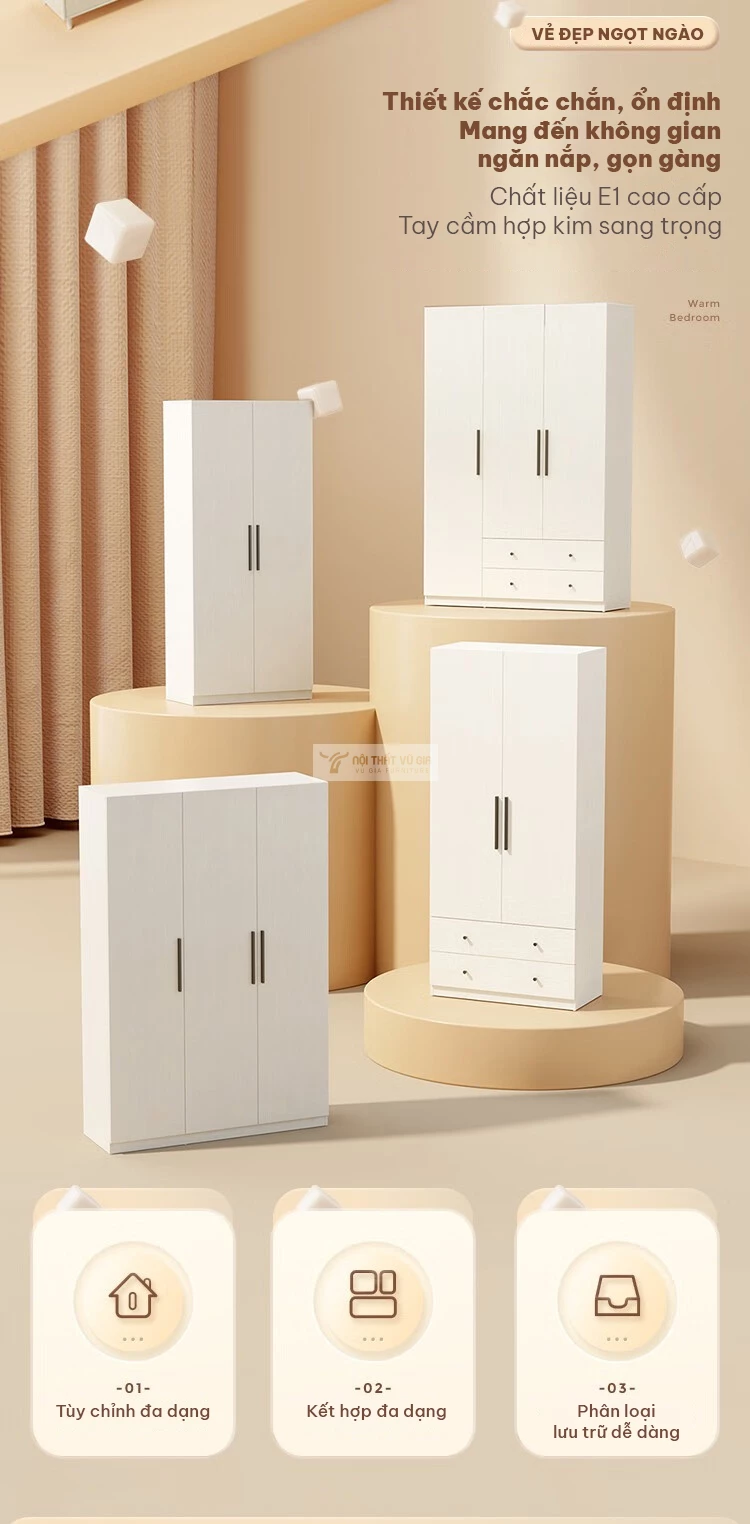 thiết kế linh hoạt, kết hợp đa dạng của Tủ quần áo hiện đại gỗ MDF cốt xanh Thái Lan cao cấp BR139