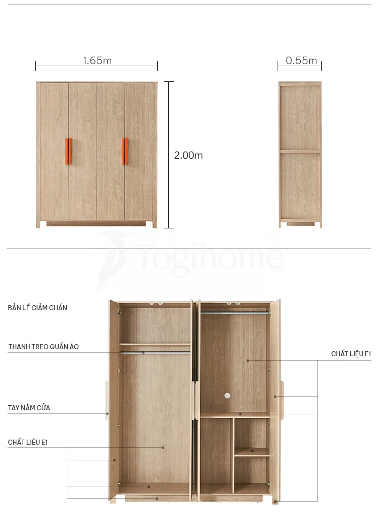 kích thước và kết cấu của tủ quần áo TQA019