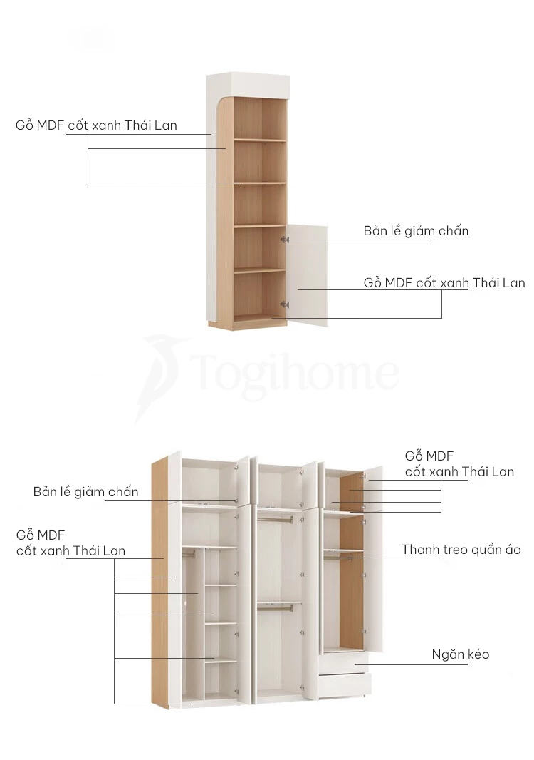 kết cấu Tủ quần áo phong cách tối giản kết hợp tủ phụ độc đáo TQA026