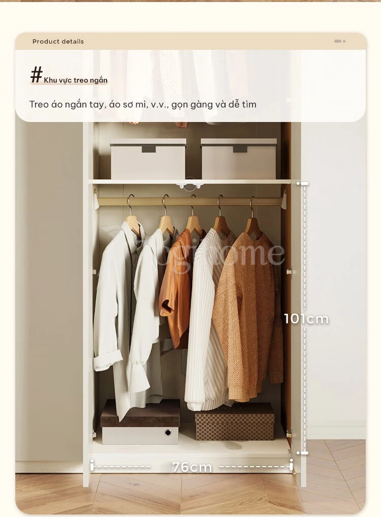 thiết kế khu vực treo ngắn của Tủ quần áo phong cách tối giản kết hợp tủ phụ độc đáo TQA026