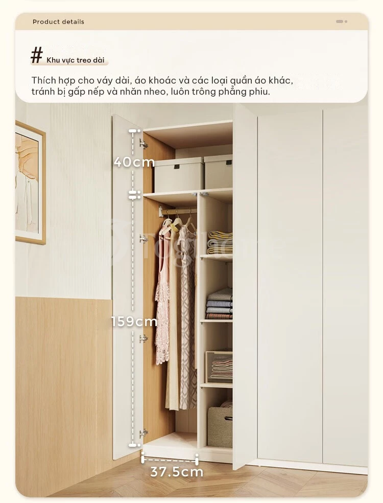thiết kế khu vực treo dài của Tủ quần áo phong cách tối giản kết hợp tủ phụ độc đáo TQA026