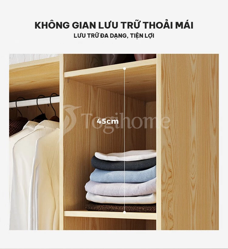 không gian lưu trữ rộng rãi của tủ quần áo TQA017