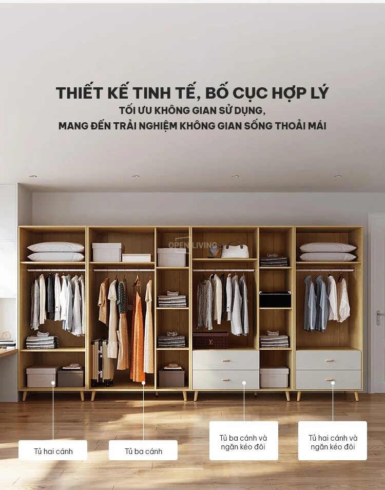 Tủ quần áo thiết kế hiện đại linh hoạt OpenLiving OTA 013 mang đến sự tiện nghi và thẩm mỹ. Thiết kế thông minh, dễ dàng điều chỉnh và sắp xếp, phù hợp với mọi không gian sống. Chất liệu bền bỉ, an toàn cho sức khỏe, tạo điểm nhấn ấn tượng cho phòng ngủ. Lựa chọn lý tưởng cho gia đình bạn.