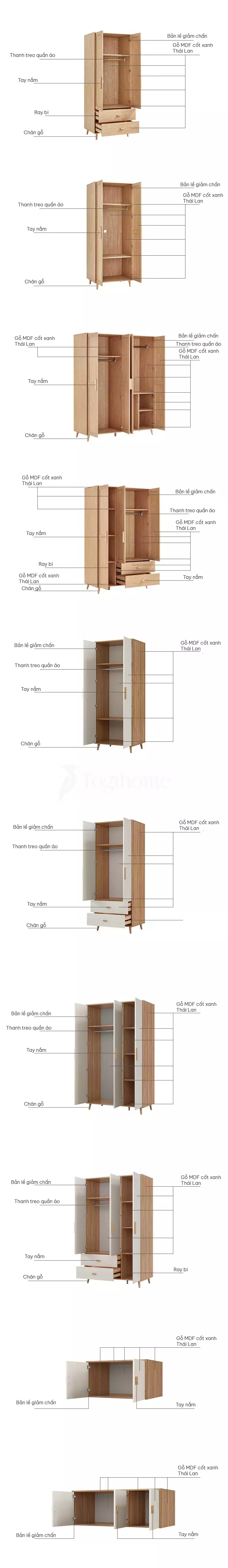 kết cấu bên trong của các tùy chọn tủ quần áo TQA021