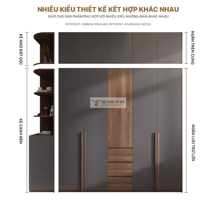 thiết kế kết hợp linh hoạt của Tủ quần áo thiết kế sang trọng, hiện đại BR120