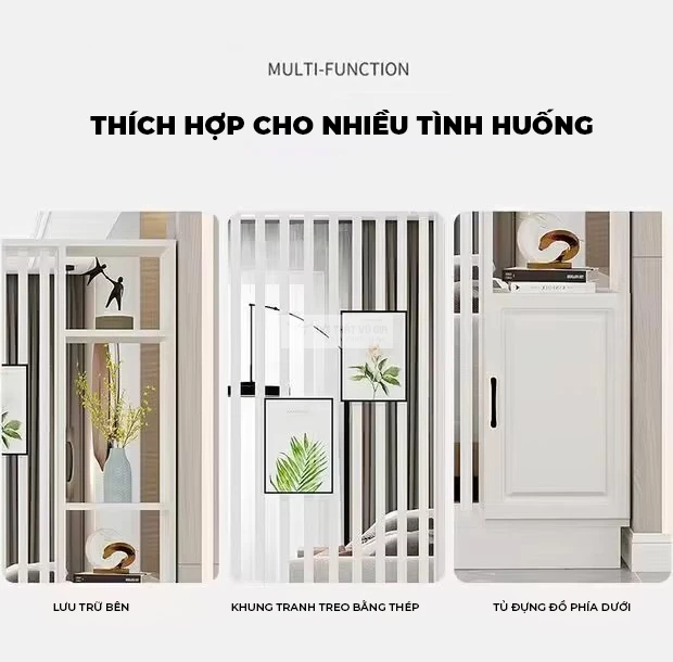 chi tiết không gian lưu trữ của Vách ngăn phòng khách kết hợp tủ cánh huỳnh LV41