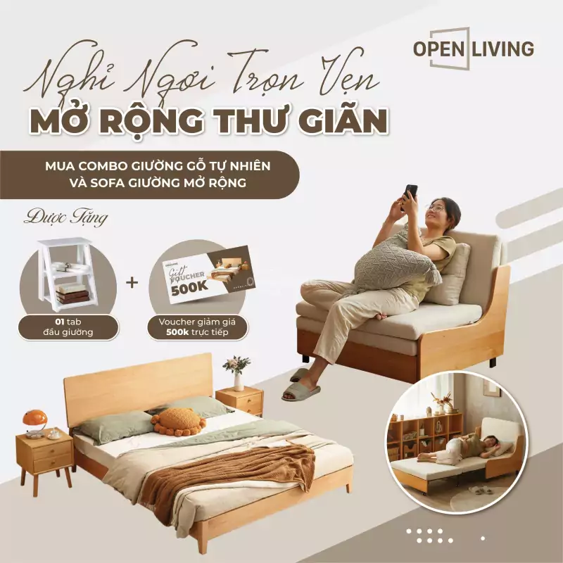 combo kết hợp các sản phẩm Giường ngủ gỗ tự nhiên phong cách thiên nhiên an toàn cho sức khoẻ OpenLiving OGG030